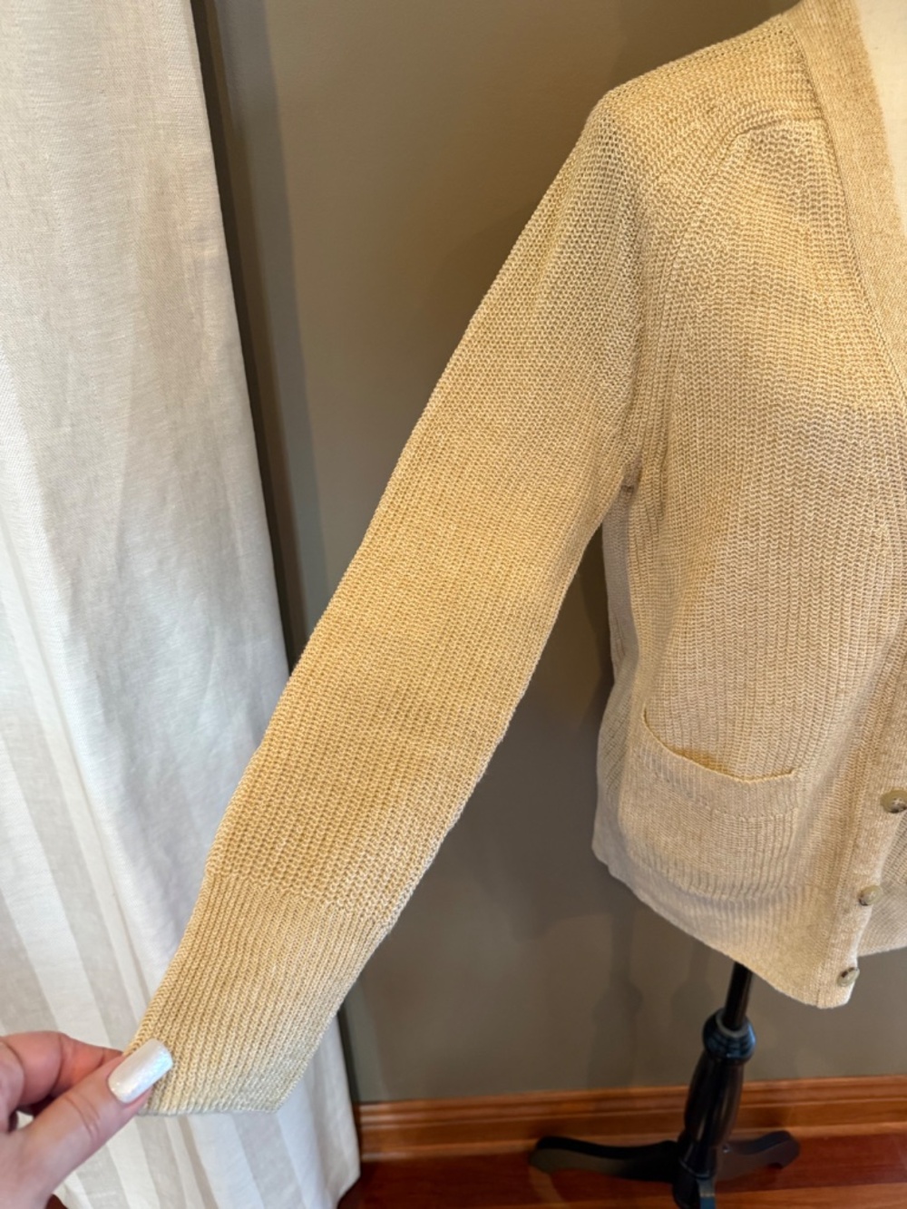 J. Crew Linen Blend Tan Knit Button Down Cardigan, Size Small - Picture 3 of 12